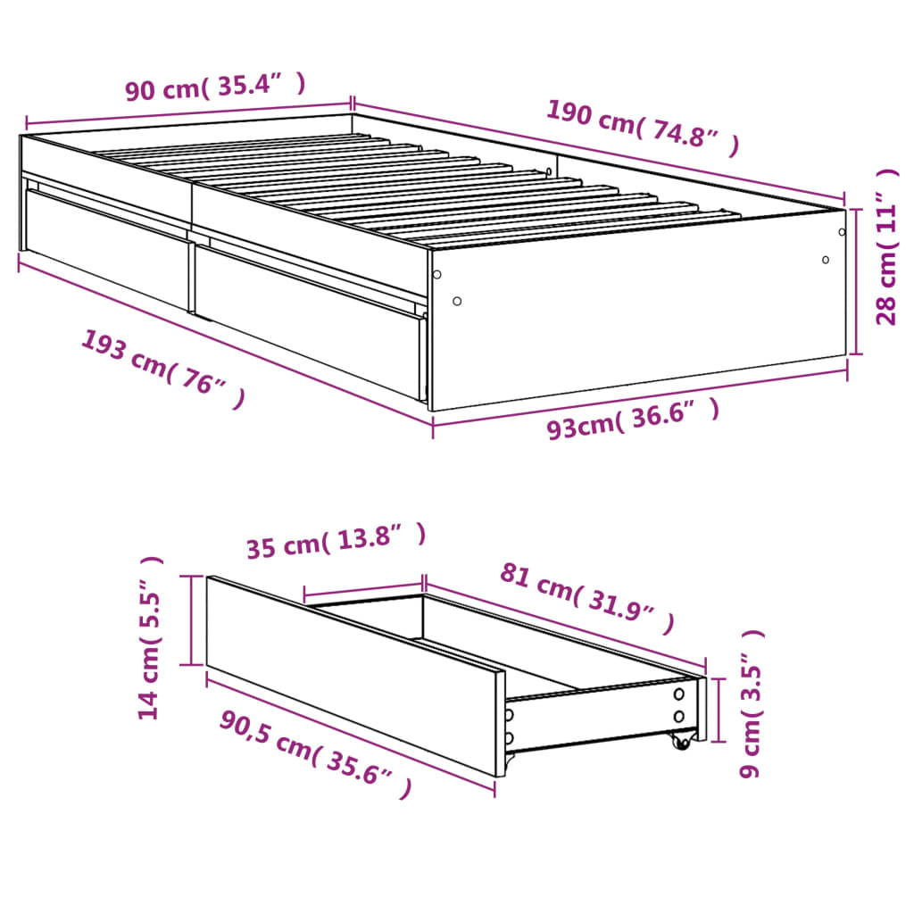 Sängram med lådor rökfärgad ek 90x190 cm konstruerad trä