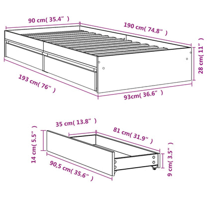 Sängram med lådor rökfärgad ek 90x190 cm konstruerad trä