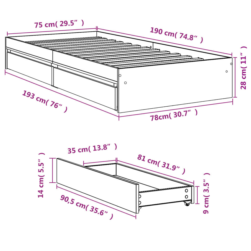 Sängram med lådor sonoma-ek 75x190 cm konstruerat trä