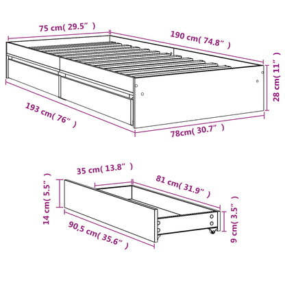 Sängram med lådor sonoma-ek 75x190 cm konstruerat trä