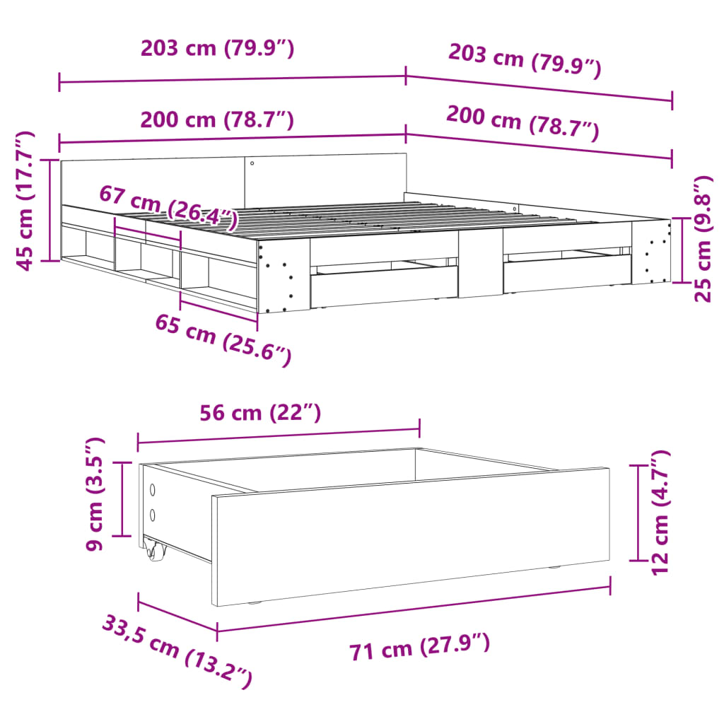 Sängram med lådor svart 200x200 cm konstruerat trä