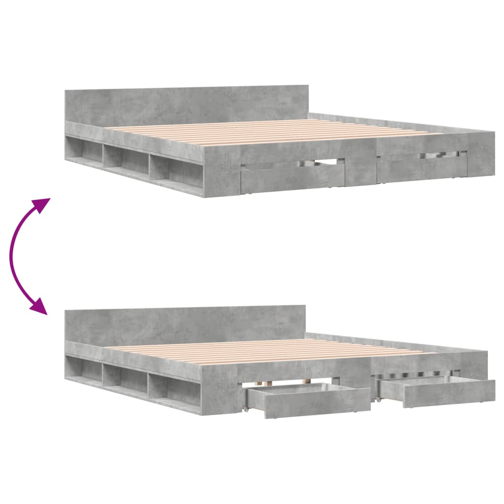 Sängram med lådor betonggrå 200x200 cm konstruerat trä