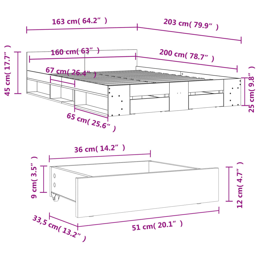 Sängram med lådor rökfärgad ek 160x200 cm konstruerad trä