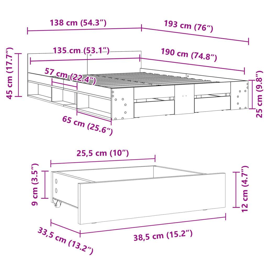 Sängram med lådor vit 135x190 cm konstruerat trä