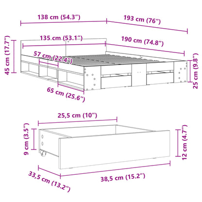 Sängram med lådor vit 135x190 cm konstruerat trä