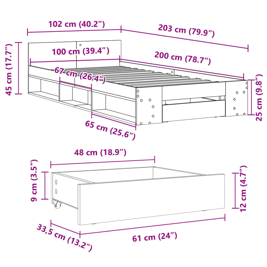 Sängram med låda vit 100x200 cm konstruerat trä