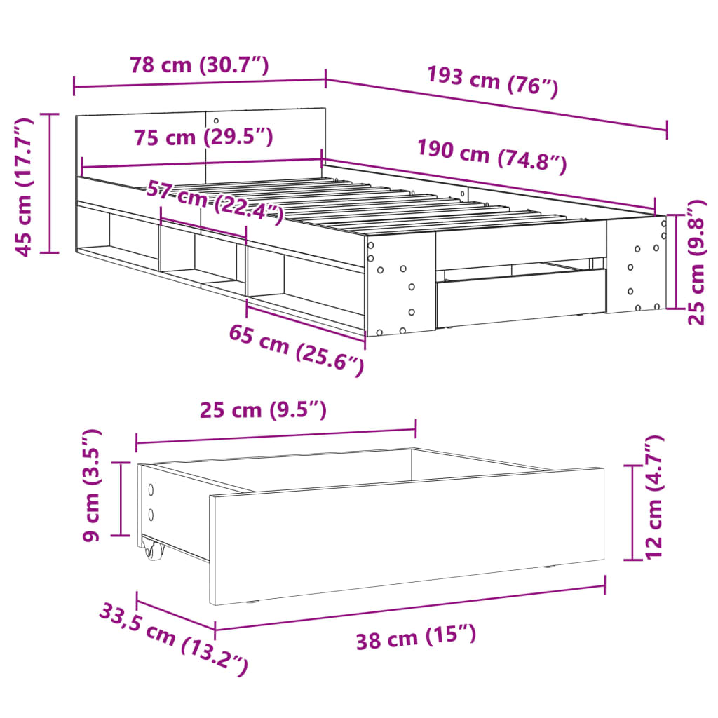 Sängram med låda vit 75x190 cm konstruerad trä