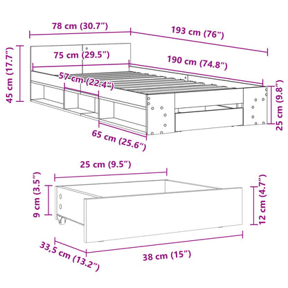 Sängram med låda vit 75x190 cm konstruerad trä