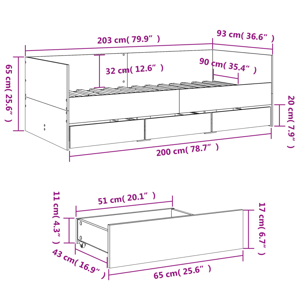 Dagbädd med lådor utan madrass vit 90x200 cm