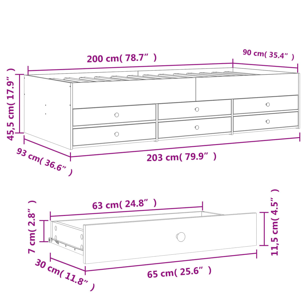 Dagbädd med lådor utan madrass betonggrå 90x200 cm