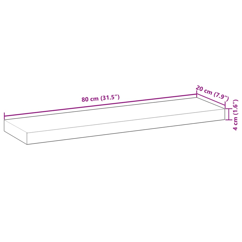 Svävande hyllor 2 st 80x20x4 cm obehandlat massivt akaciaträ