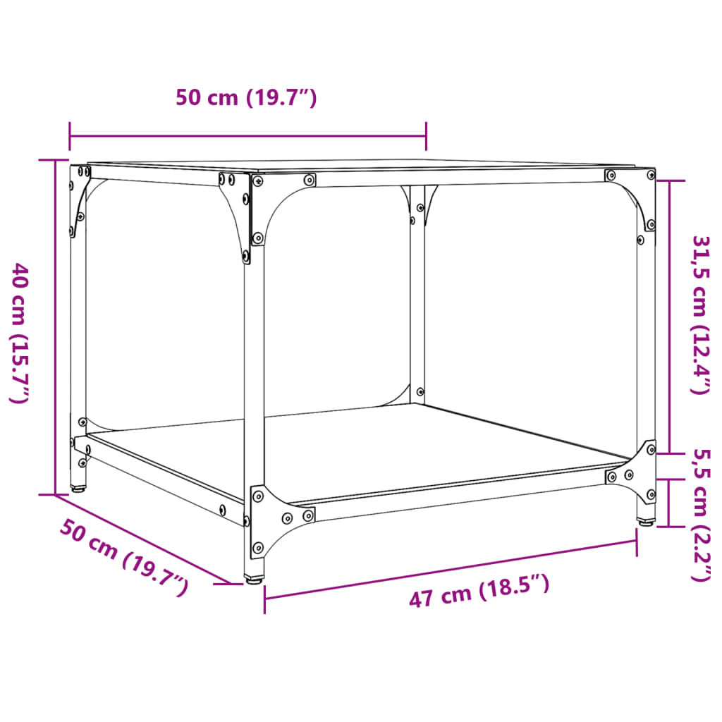 Soffbord med svart glasskiva 2 st 50x50x40 cm stål