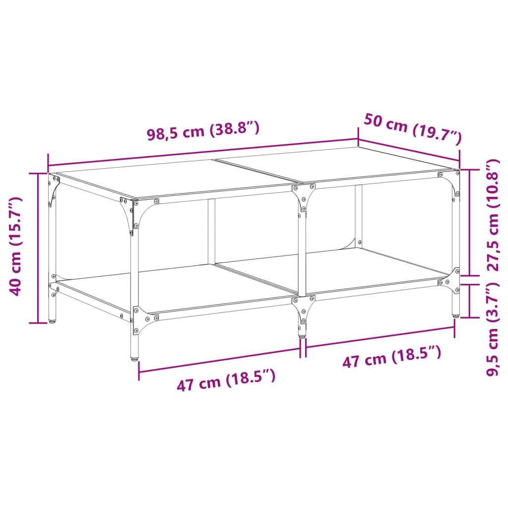 Soffbord med transparent glasskiva 98,5x50x40 cm stål