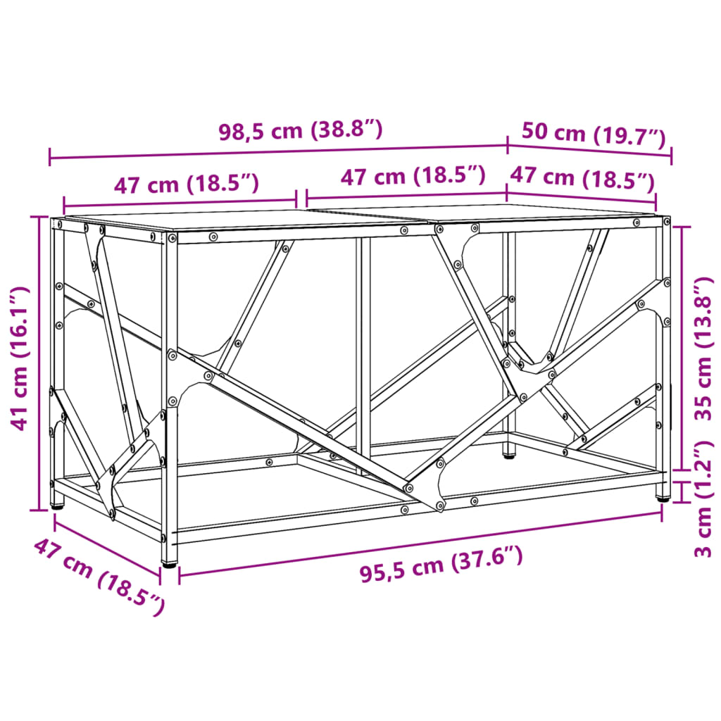 Soffbord med transparent glasskiva 98,5x50x41 cm stål