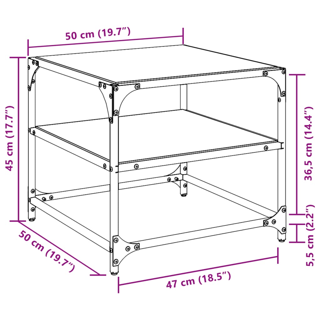 Soffbord med svart glasskiva 2 st 50x50x45 cm stål