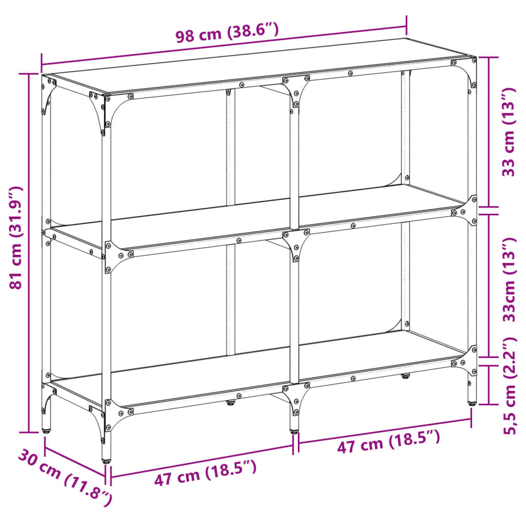 Konsolbord med svart glasskiva 98x30x81 cm stål