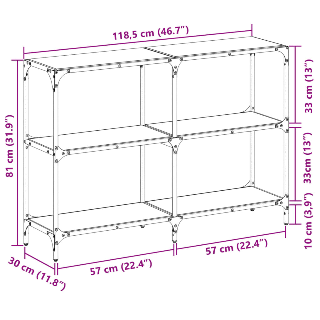 Konsolbord med transparent glasskiva 118,5x30x81 cm stål