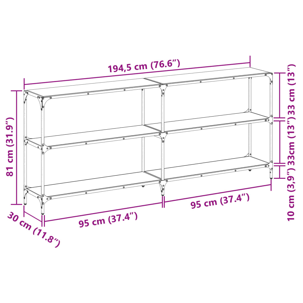 Konsolbord med svart glasskiva 194,5x30x81 cm stål