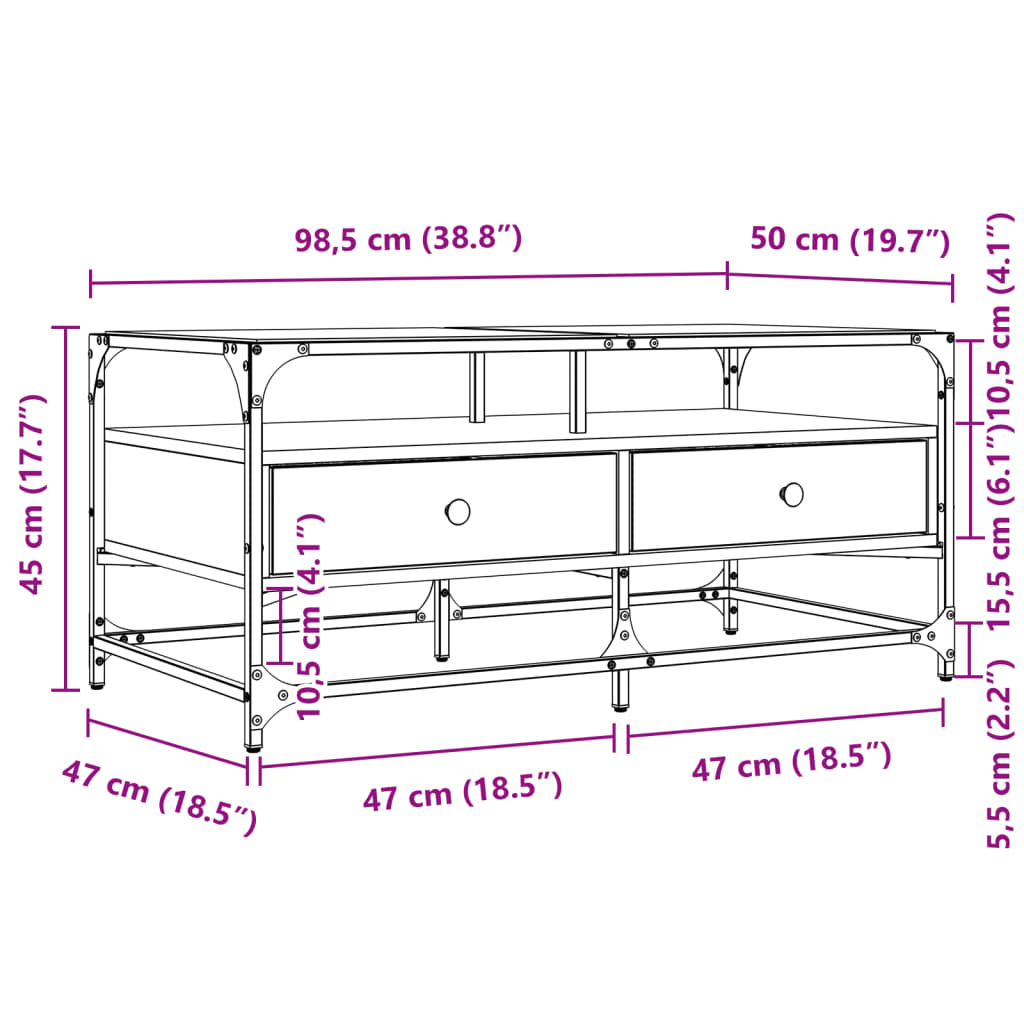 Soffbord med glasskiva sonoma-ek 98,5x50x45 cm stål