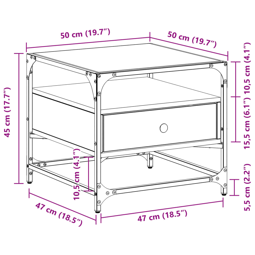 Soffbord med glasskiva rökfärgad ek 50x50x45 cm stål