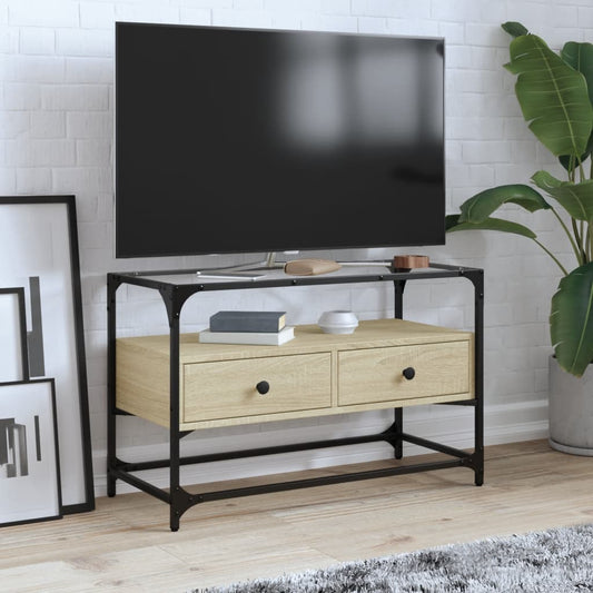 Tv-bänk med glasskiva sonoma ek 80x35x51 cm konstruerat trä