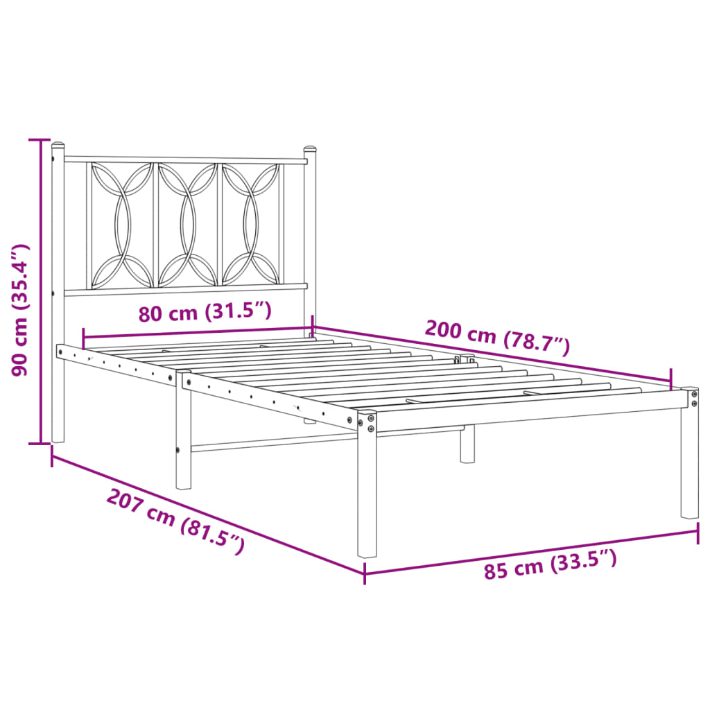 Sängram med huvudgavel metall vit 80x200 cm