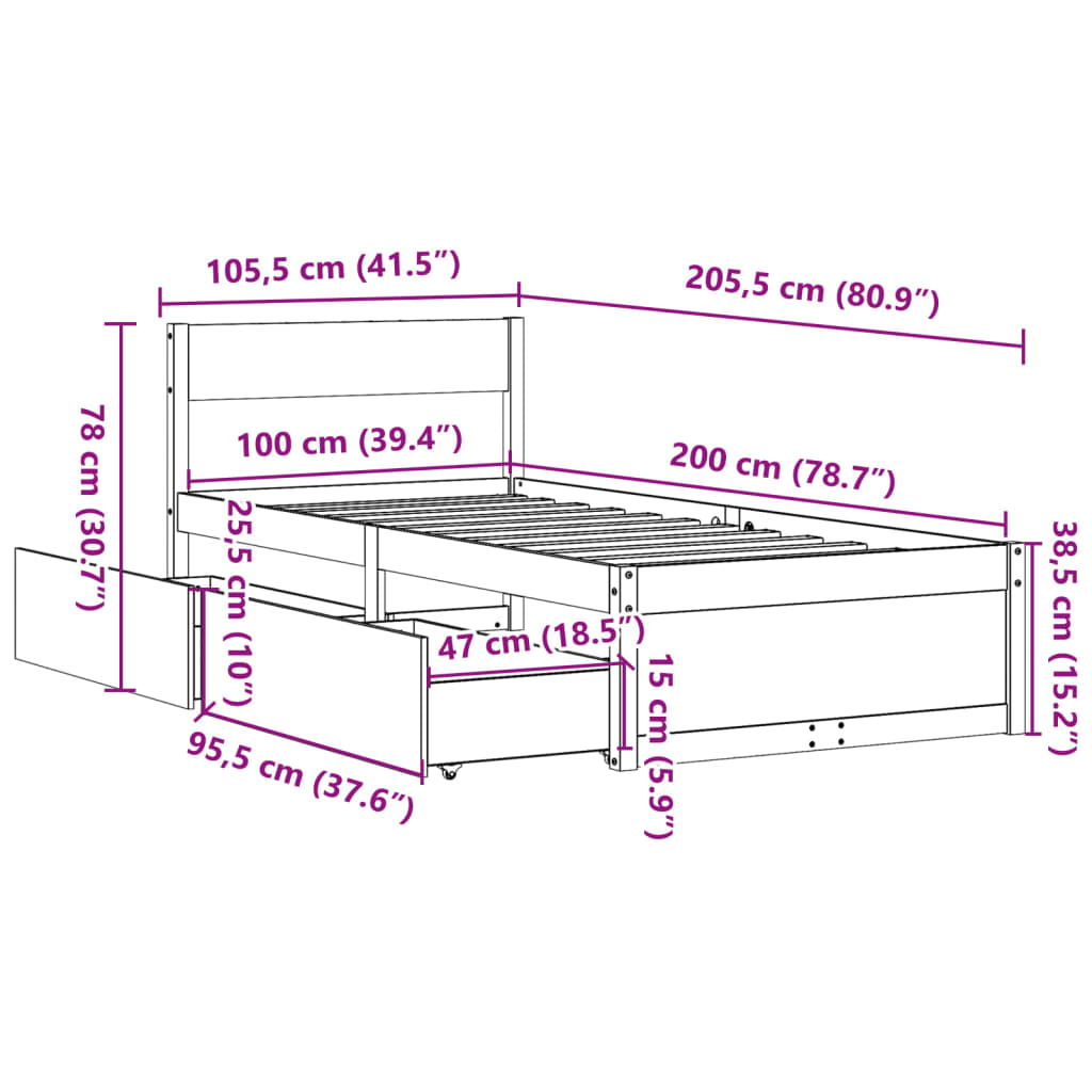 Sängram utan madrass vit 100x200 cm massiv furu