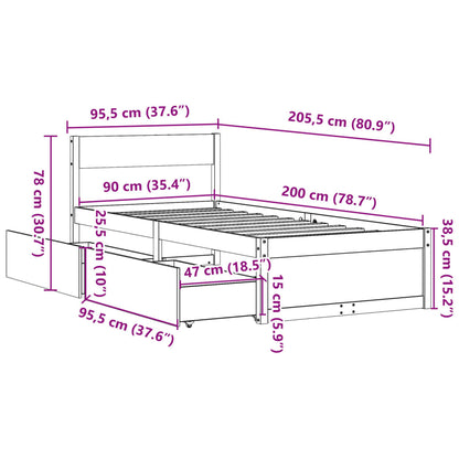 Sängram utan madrass vit 90x200 cm massiv furu