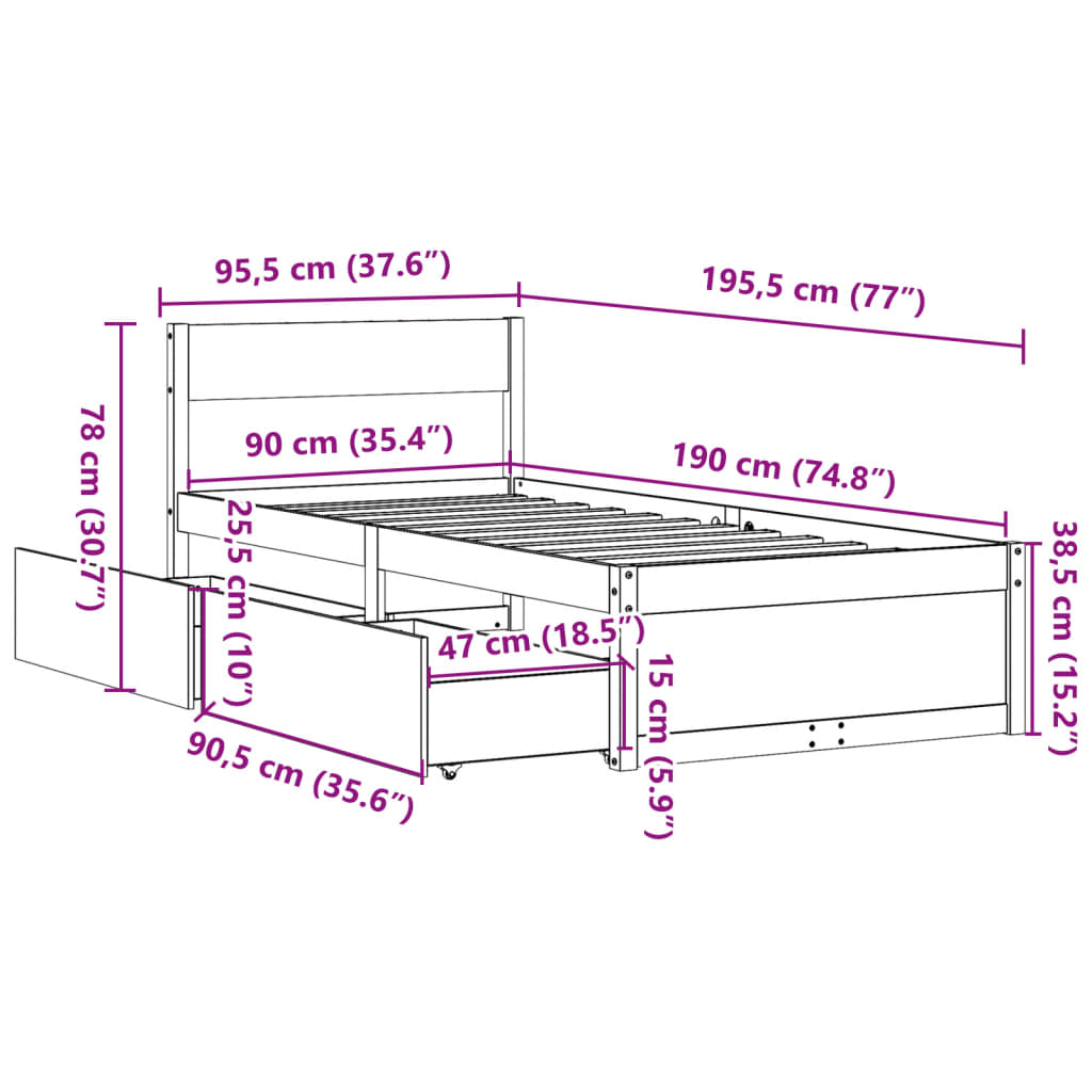 Sängram utan madrass 90x190 cm massiv furu