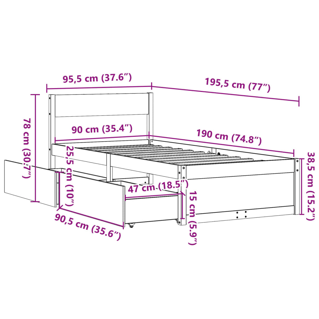 Sängram utan madrass vaxad brun 90x190 cm massiv furu