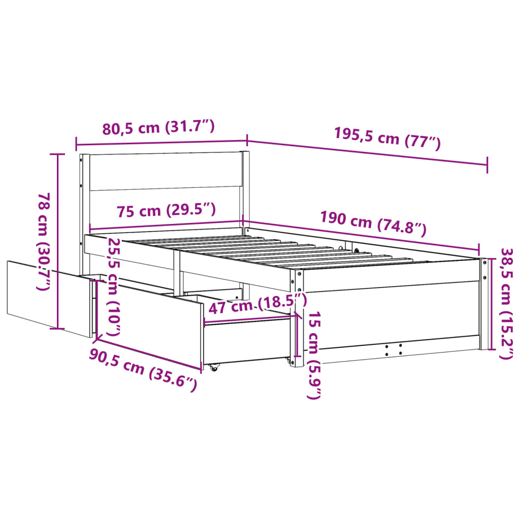 Sängram utan madrass 75x190 cm massiv furu