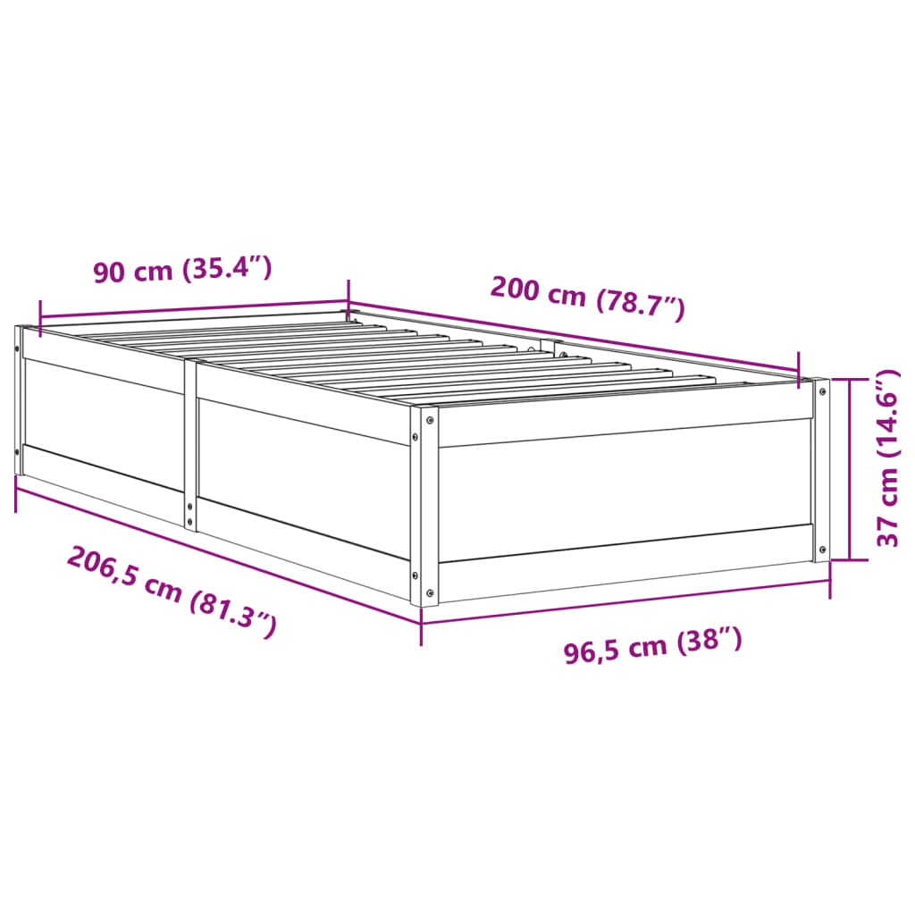 Sängram utan madrass vaxad brun 90x200 cm massiv furu