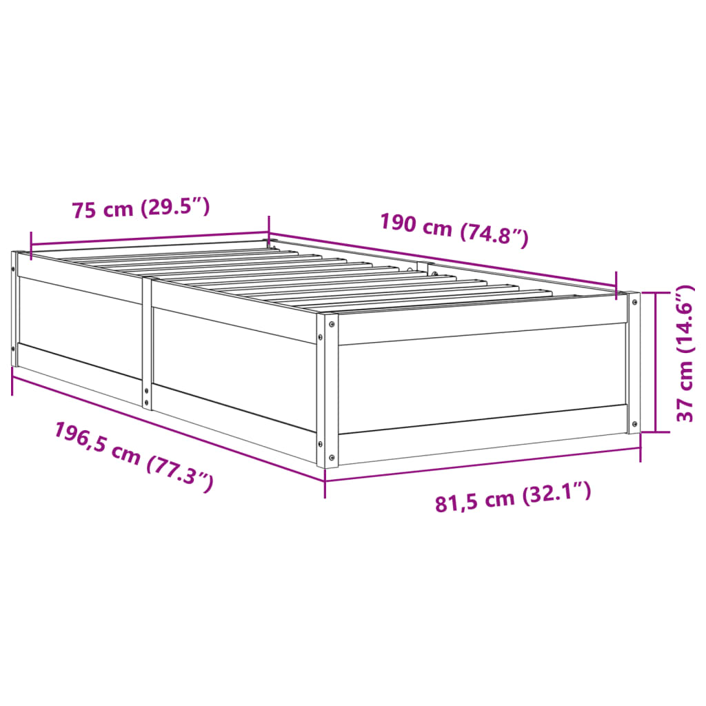 Sängram utan madrass vaxbrun 75x190 cm massiv furu