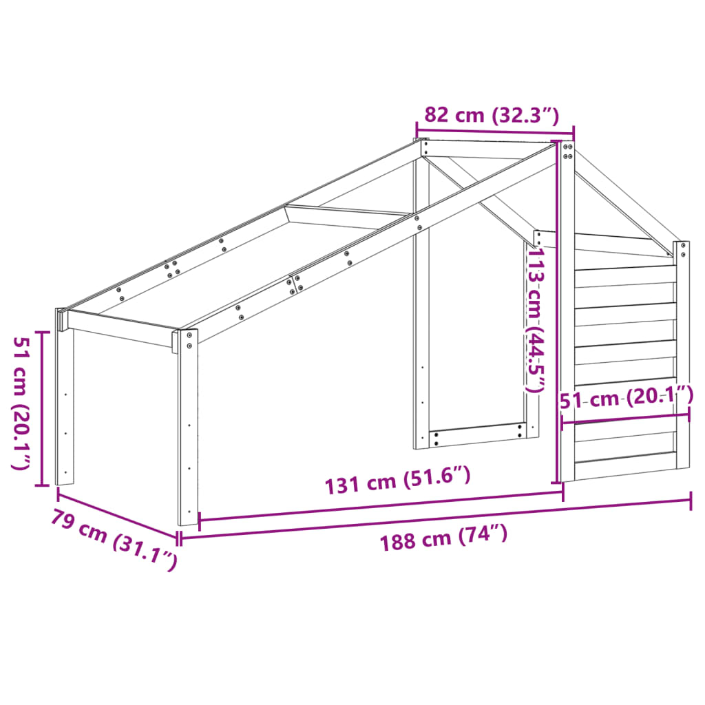 Tak till barnsäng vaxbrun 188x82x113 cm massiv furu