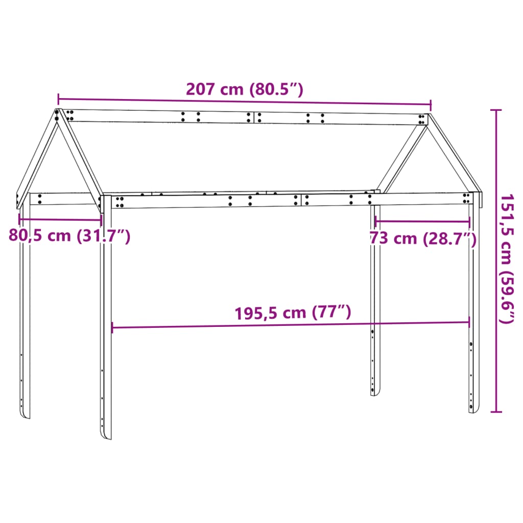 Tak till barnsäng vit 207x80,5x151,5 cm massiv furu