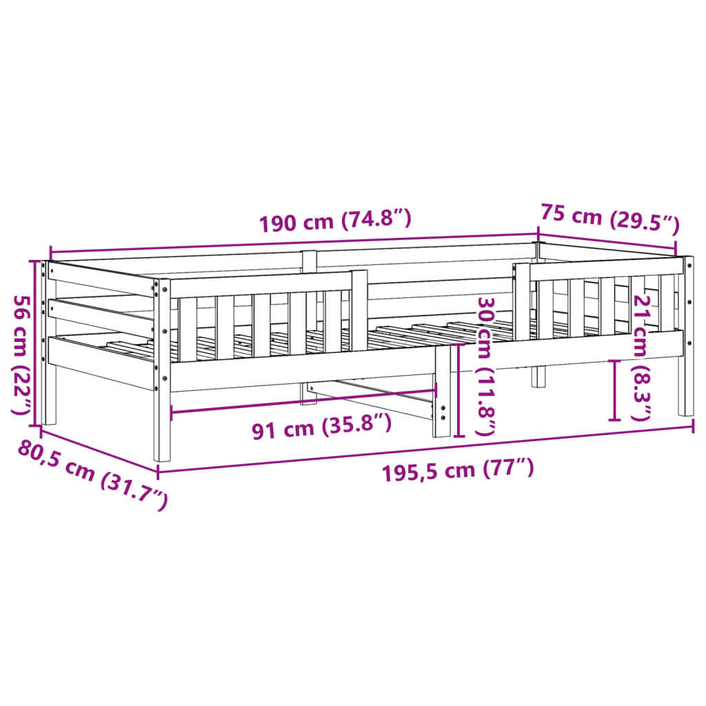 Sängram utan madrass 75x190 cm massiv furu