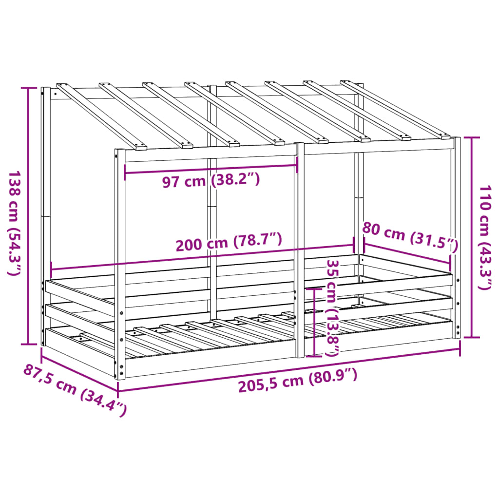 Barnsäng med tak 80x200 cm massiv furu