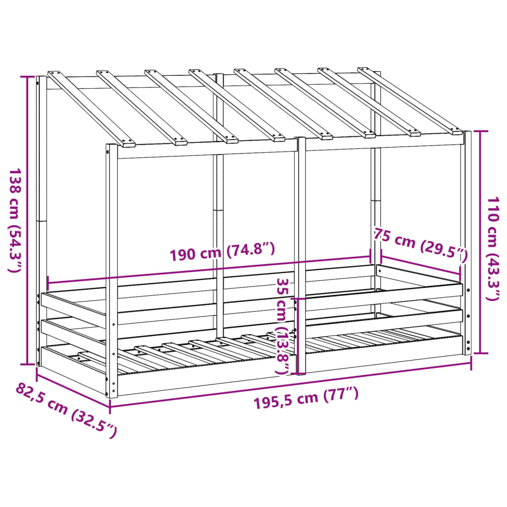 Barnsäng med tak 75x190 cm massiv furu