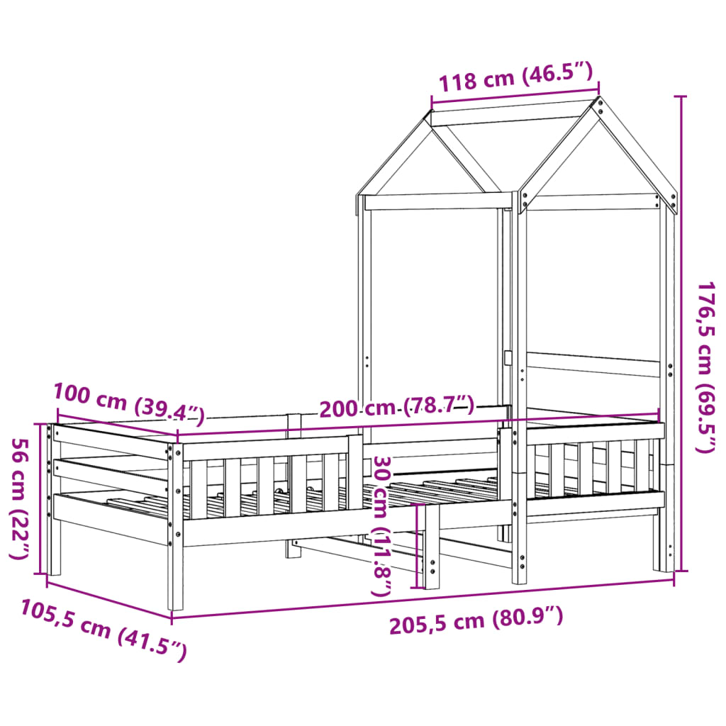 Sängram med tak 100x200 cm massiv furu