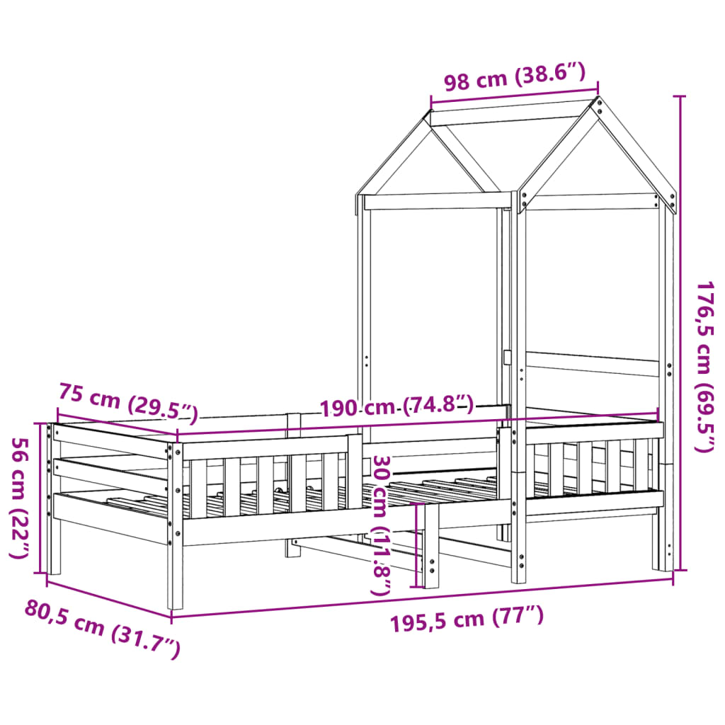 Sängram med tak vit 75x190 cm massiv furu