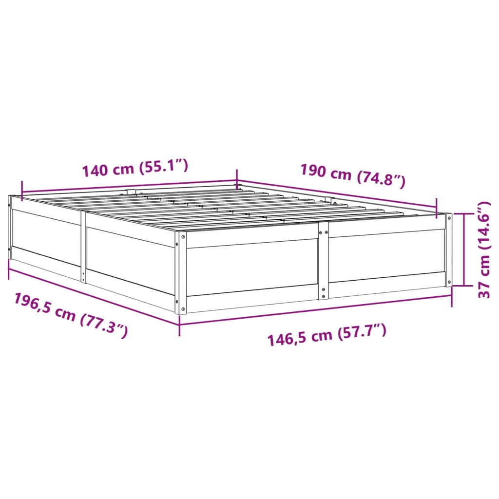 Sängram utan madrass 140x190 cm massiv furu