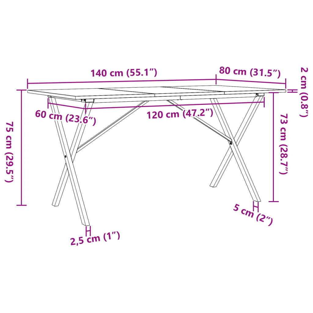 Matbord X-ram 140x80x75 cm massiv furu och stål