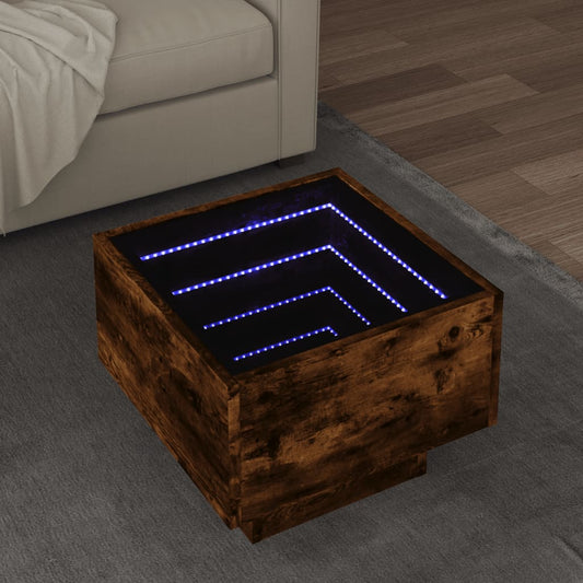 Soffbord med LEDs rökfärgad ek 40x40x30 cm konstruerat trä