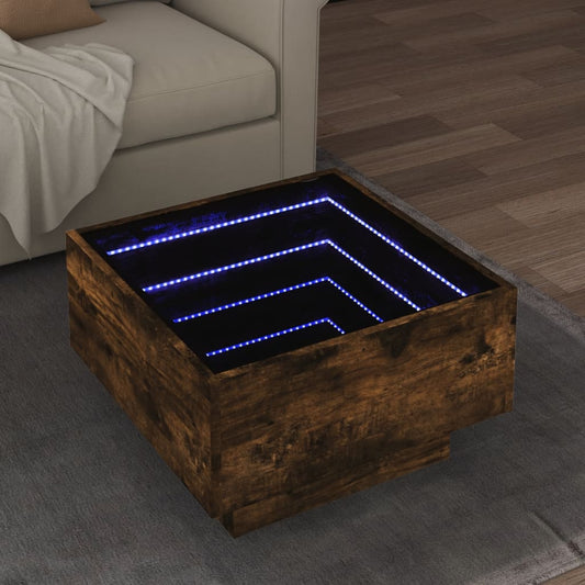 Soffbord med LEDs rökfärgad ek 50x50x30 cm konstruerat trä