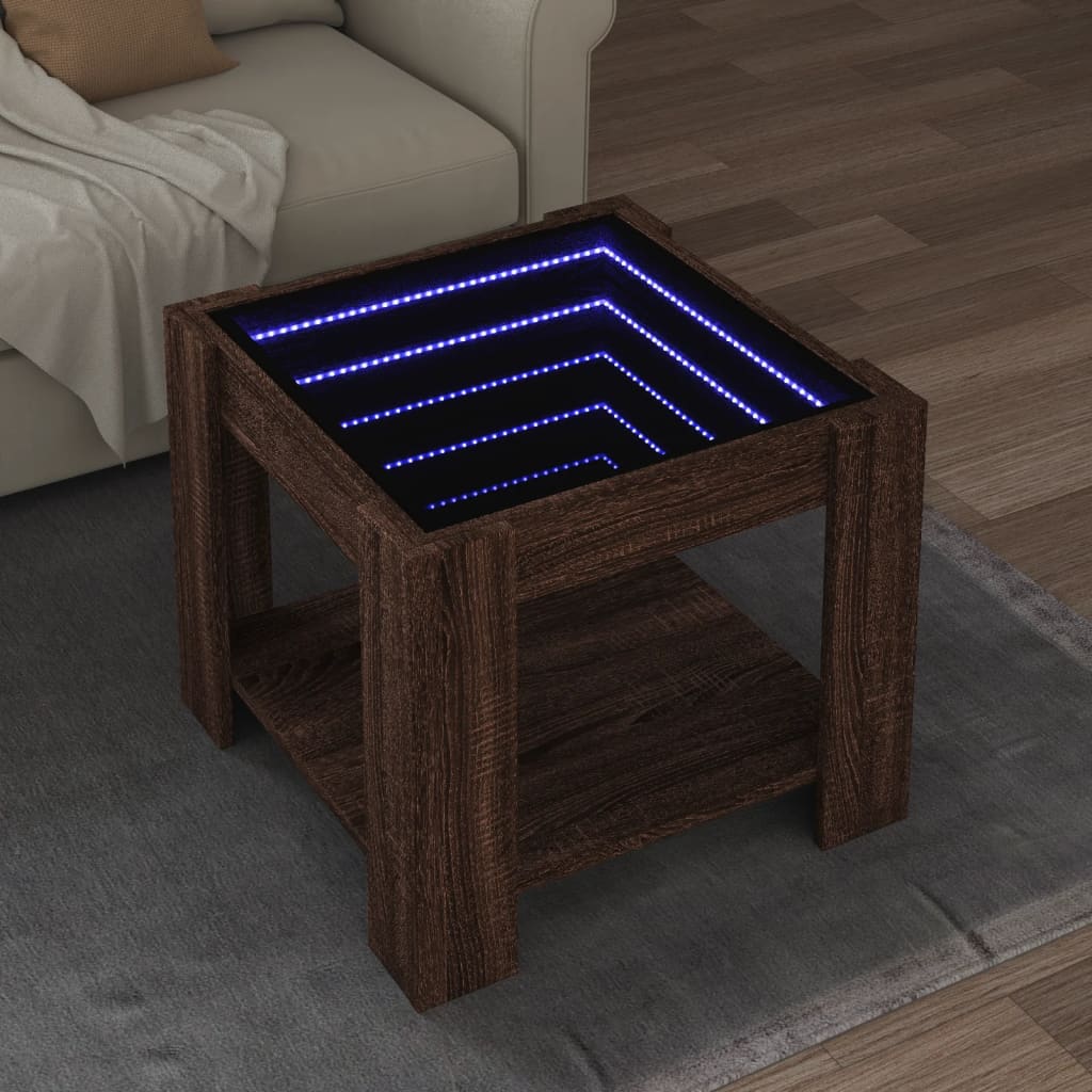 Soffbord med LEDs brun ek 53x53x45 cm konstruerat trä