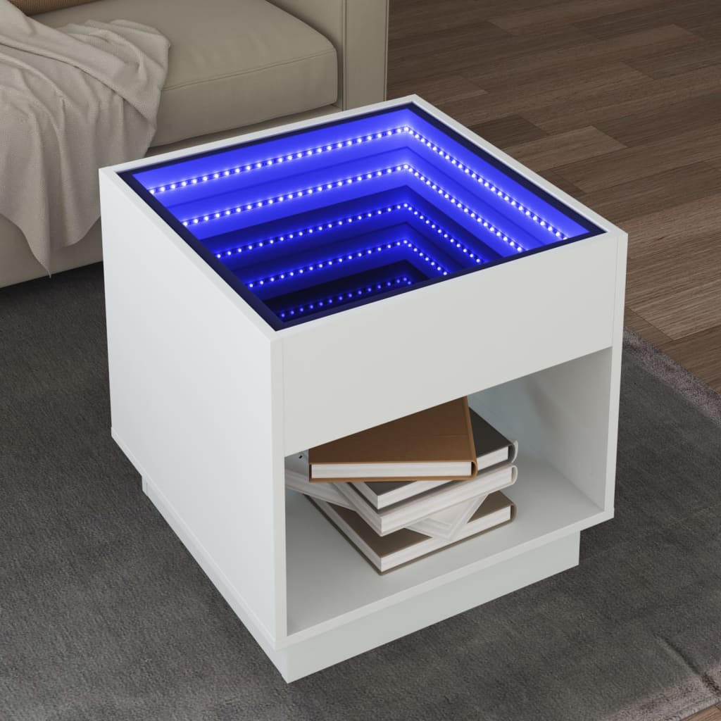 Soffbord med Infinity LEDs vit 50x50x50 cm