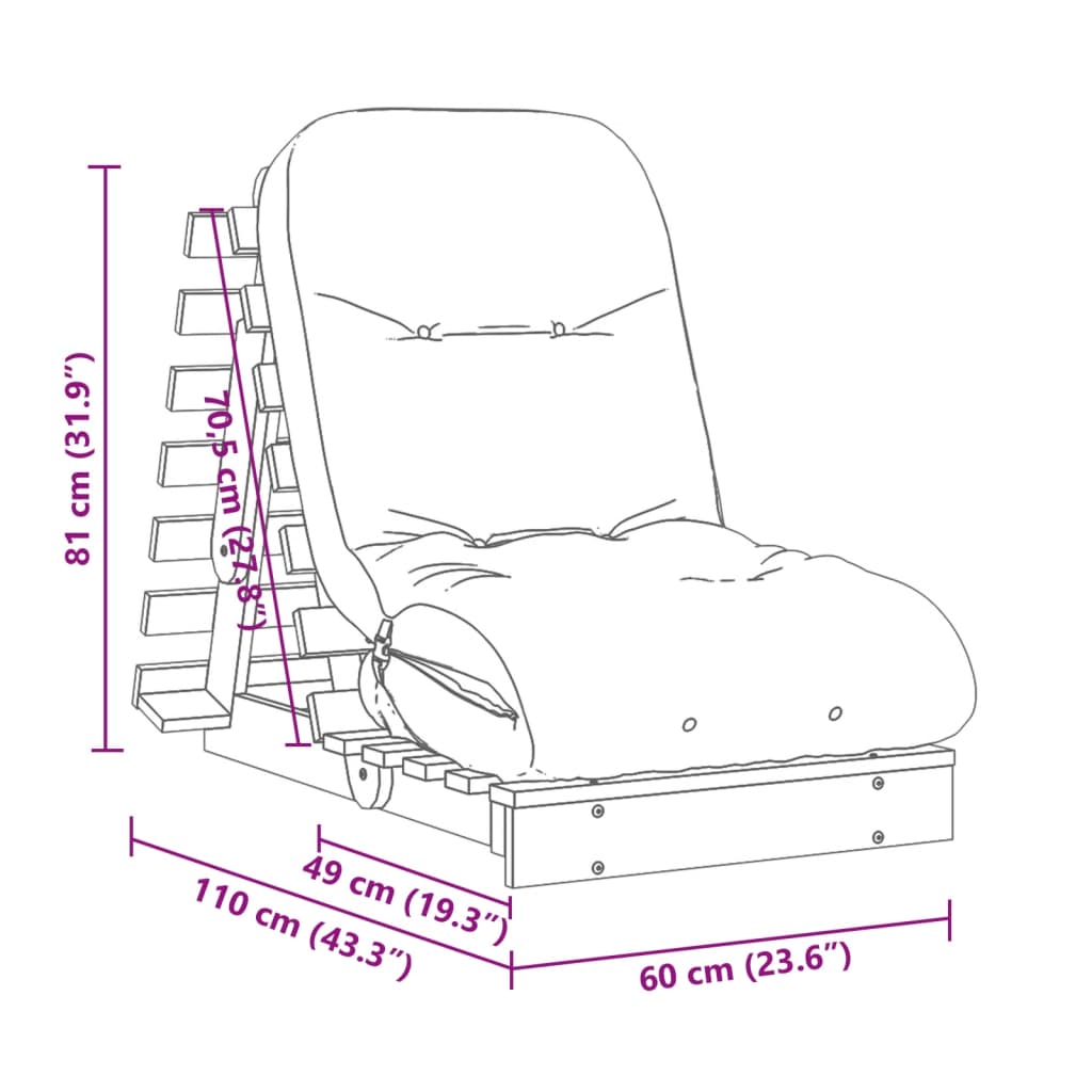 Futonbäddsoffa med madrass 60x206x11 cm massiv furu