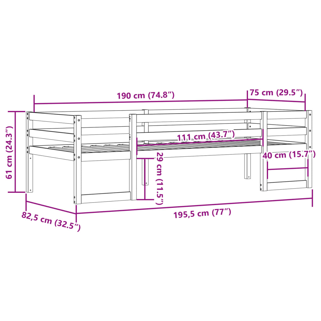 Sängram för barnsäng vit 75x190 cm massiv furu