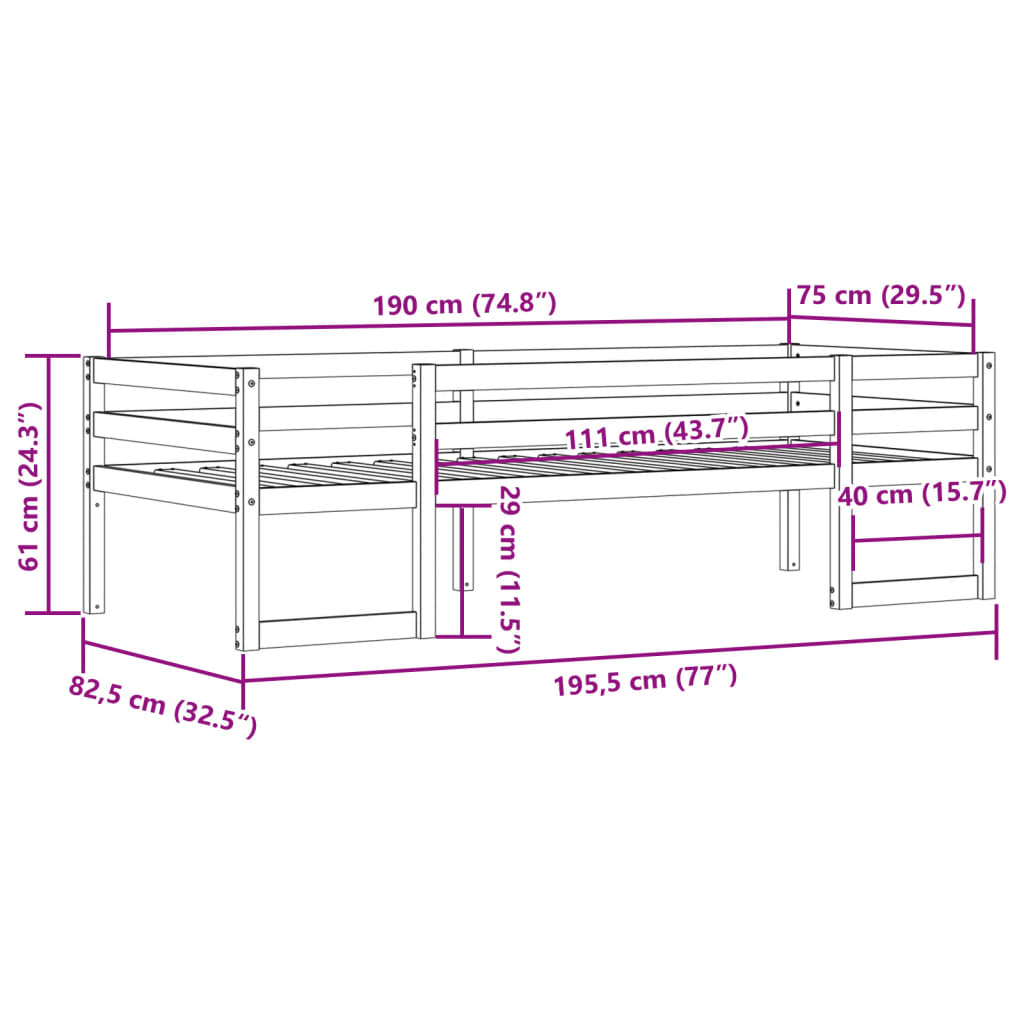 Sängram för barnsäng vaxad brun 75x190 cm massiv furu