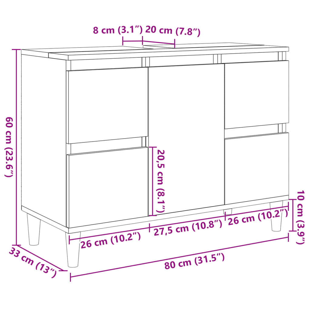 Tvättställsskåp sonoma-ek 80x33x60 cm konstruerat trä